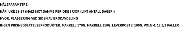 Måleparametre: NÅR: uke 28-37 (målt mot samme periode i fjor (likt antall dager)) HVOR: Plassering ved siden av brødavdeling Ingen prisnedsettelseProdukter: Makrell 170g, Makrell 110g, Leverpostei 100g. Volum: 12 1/3 paller